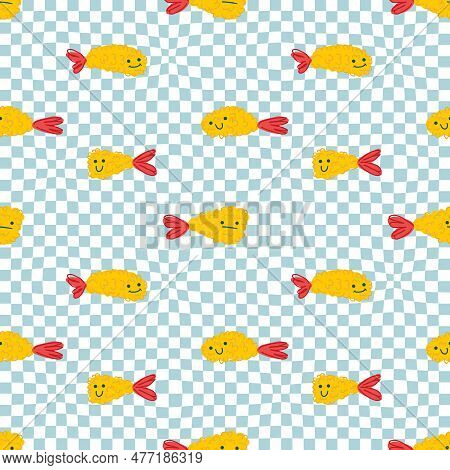Ebi Furai Prawn Tempura Seamless Pattern On Trippy Grid Background. Perfect Print For Tee, Paper, Te