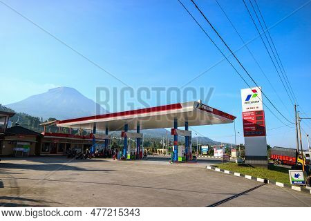Wonosobo, Indonesia - April 5, 2023: Pertamina Gas Station. Which Provides Biodiesel Fuel, Pertamax,