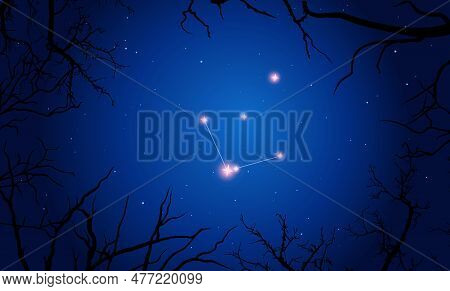 Vector Illustration Of Constellation Norma On The Background Of A Starry Sky And Tree Branches. Cons