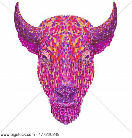 Pointillist, Impressionist Or Pop Art Style Illustration Of Head Of An American Bison Also Called Am