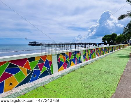 Panama, Armuelles Port, December 27, 2022, Footpath Along The Sea And Abandoned Pier, Panoramic View