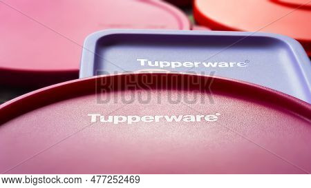 Tupperware Lids. Tupperware Brand Lids In Full Frame. Textured Image With Shallow Depth Of Field. Uk