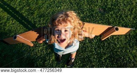 Freedom Carefree And Kids Dream. Child Dreams Of Future. Kid Pilot Aviator Dreaming. Child Dream Con