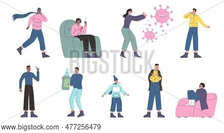 Cartoon Ill People. Sick Characters. Men Or Women With Seasonal Flu Medical Symptoms. Coughing Kids.
