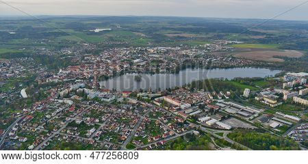 View From A Hot Air Balloon On The Historic Center Of Jindrichuv Hradec, South Bohemia, Czech Republ