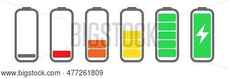 Battery Icons Set. Battery Charge Level. Charging Icon. Vector Outline Illustration In Flat Style