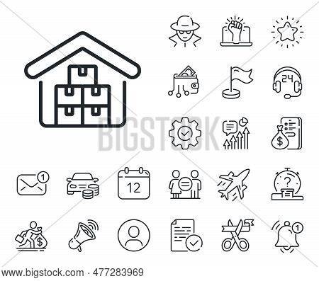 Warehouse Boxes Sign. Salaryman, Gender Equality And Alert Bell Outline Icons. Wholesale Goods Line 