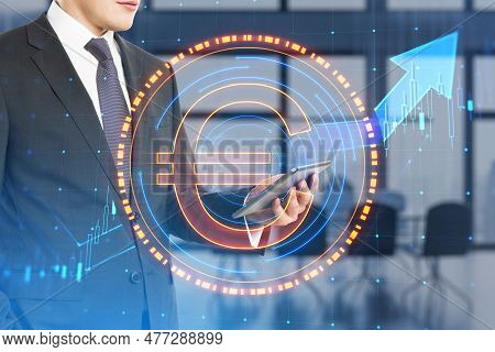 Headless Businessman Using Smartphone With Digital Round Euro Sign On Blurry Office Interior Backgro
