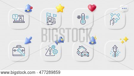 Tool Case, Faq And Home Charging Line Icons. Buttons With 3d Bell, Chat Speech, Cursor. Pack Of Femi