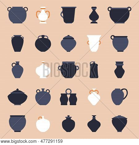 Vector Flat Illustration. Handmade Ceramic Pots, Vases, Jugs, Jars. Pottery Logo Design Elements. Sm