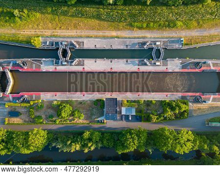 Duffel, Lier, Belgium, May 31, 2023, Aerial View Or Top Down View Of The River Lock Between Nete Cha