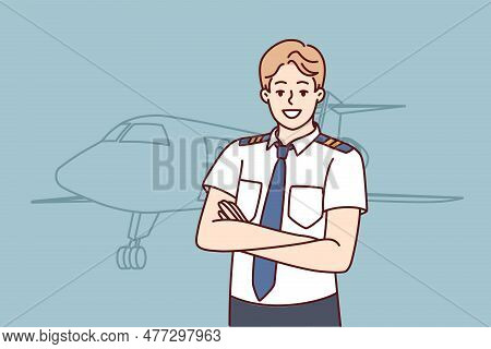Man Pilot Of Airplane Stands With Arms Crossed Near Airliner Inviting To Buy New Airline Ticket. Con