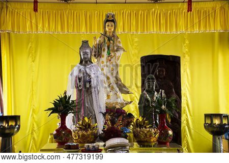 Antique Deity Quan Yin Or Kuan Yin Chinese Goddess Statues In Ancient Shrine For Thai People Respect