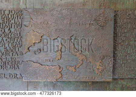 Barcelona, Spain - August 2022: Geographical Map Of Europe In Bas-relief Inside Palau Del Lloctinent