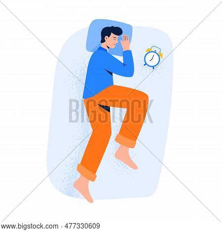 A Man Lying In A Side Pose During Dream. Top View Of Night Sleeping Position. Vector Illustration In