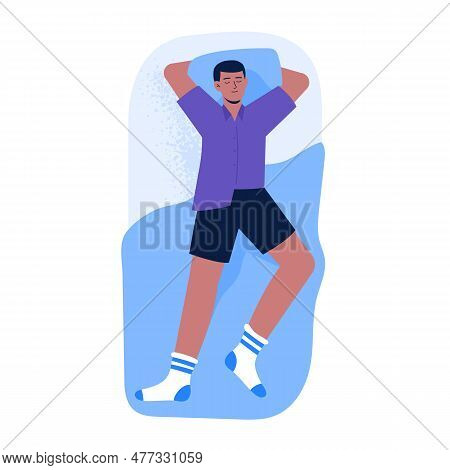 A Man Sleeps In A Back Pose With Arms Up. Top View Of Night Sleeping Position. Vector Illustration I