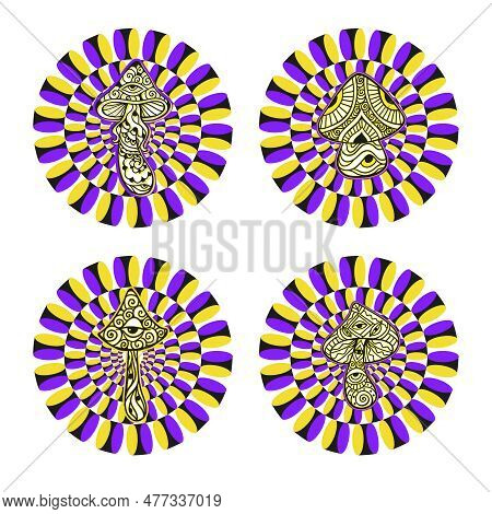 Optical Illusion Seamless Pattern With Mushrooms. Moving Visual Hypnotic Optic Art. Vector Illustrat