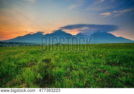 Summer Sunset Mountain Landscape. Viev From Nova Lesna Village On The High Tatra Mountains, Slovakia