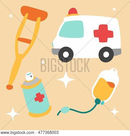 Cute Medical Sticker Set. Hand Drawn Healthcare Cartoon Doodle Crutches Ambulance Spray Infussion. B