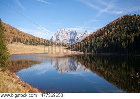 Alpine Lake With Dolomites In Background, Calaita Lake