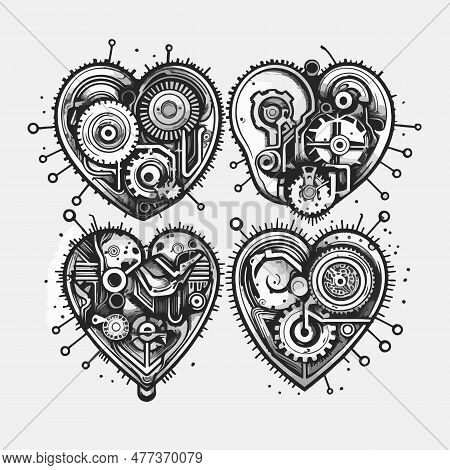 Set Of Four Steampunk Black Hearts For Print