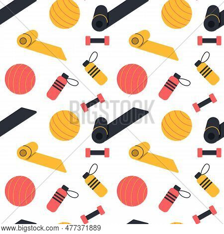 Seamless Pattern Of Fitness Inventory And Accessories. Hand Drawn Vector Illustration Isolated On Ba