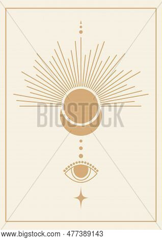 Sun And Moon Printed Illustration Poster. Tarot Card Minimalist Vector Illustration. Aesthetic Midni