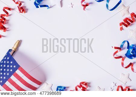 Usa Independence Day Concept. Usa Flags And Red And Blue Spirals And White Stars Top View, Flat Lay