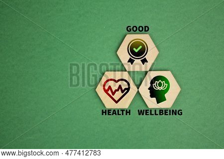 Three Icons Of Sustainable Development Which Are Good, Health, Well-being. The Concept Of Health Wel