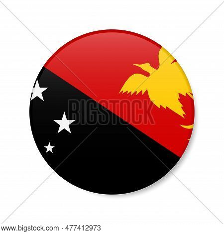 Papua New Guinea Circle Button Icon. Papuan Round Badge Flag With Shadow. 3d Realistic Vector Illust