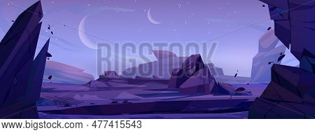Cartoon Alient Planet Surface With Stones. Vector Illustration Of Rocky Landscape, Moon, Stars And S