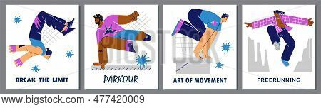 Parkour And Freerunnig Posters Set, Flat Vector Illustration.