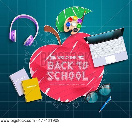 Back To School Text Vector Design. Back To School In Red Apple Paper Cut With Educational Items And 