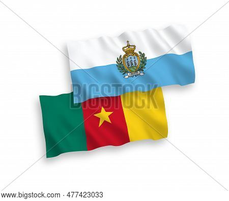 National Fabric Wave Flags Of San Marino And Cameroon Isolated On White Background. 1 To 2 Proportio