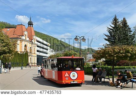 Trencianske Teplice, Slovakia, May 1, 2023: Train For Tourists In The Spa Town At The Opening Of The