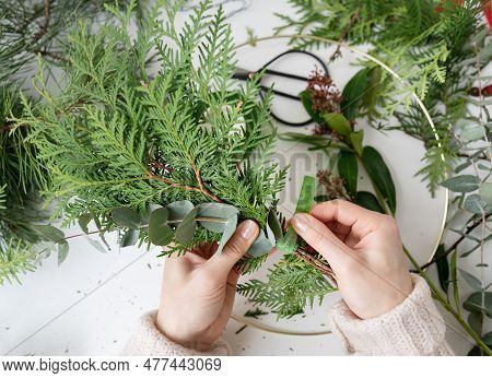 The Process Of Making A Christmas Wreath From Needles, Thuja, Shimia, Rosehip, Pine Twigs, Chopped T