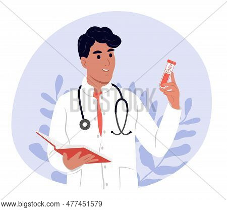 A Young Smiling Doctor Holds A Tube With Blood. Hiv Testing Day. Laboratory Examination For Hiv. Ana