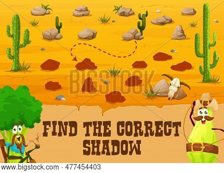 Western Kids Game Find The Correct Shadow Of Stone In Wild West Desert. Vector Pastime Worksheet Rid