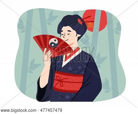 Geisha In Forest With Fan Concept. Beautiful Young Girl In Traditional Ashiya Costume On Background 