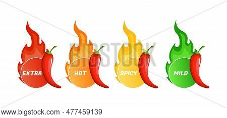 Hot Spicy Level Labels, Vector Icons Chili Pepper, Cayenne Or Jalapeno With Red, Yellow, Orange And
