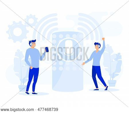 Voice Command Device Application,  Virtual Assistant Technology, Smart Speaker, Flat Vector Modern I