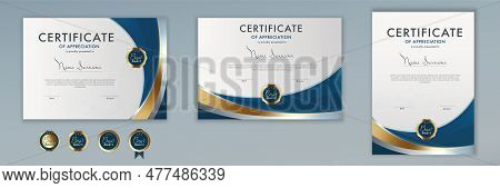 Template Certificate Diploma Achievement Scroll Elegant Luxury Editable Blue And Gold.abstract Guill
