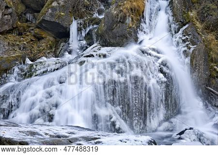 Russia. Siberia. One Of The Most Beautiful Waterfalls Of The Altai Mountains On The Karasu River Nea