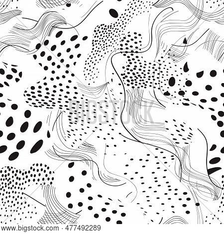 Abstract Dotted Seamless Pattern With Chaotic Flowing Swirl Lines And Blots In Geometric Style. Dots