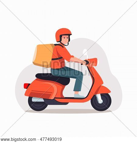 Delivery Man On Scooter. Scooter Delivery. Delivery Concept. Vector Stock