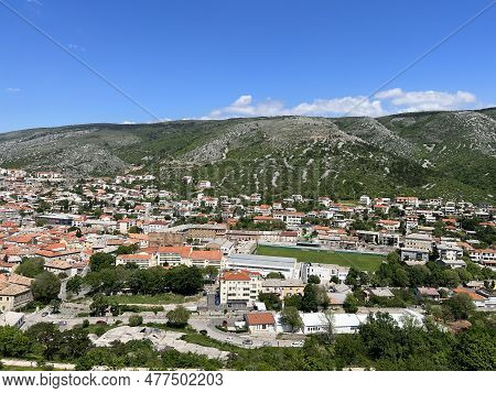 View Of The Town Of Senj In The Kvarner Bay And Residential Houses On The Slopes Of Velebit From Neh