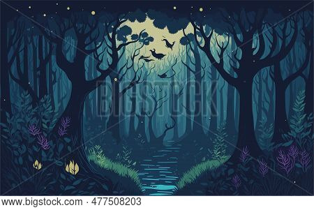 Vector Styled Background Illustration Showcasing A Serene And Mystical Forest At Night, With Moonlig