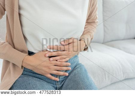 Constipation And Diarrhea In Bathroom. Hurt Woman Touch Belly  Stomach Ache Painful. Colon Inflammat
