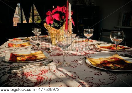 Table Prepared For Thanksgiving Dinner
