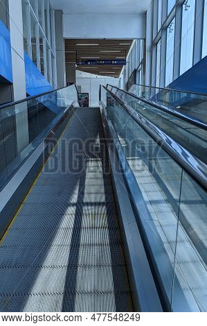 Jakarta, Indonesia - May 14, 2023 : An Empty Travellator At Bni City Station.